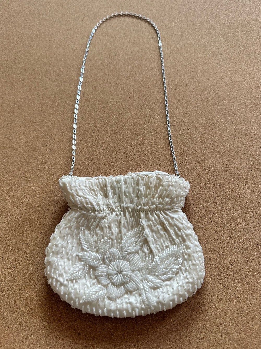 Ivory Beaded Floral Shoulder Bag with Chain Strap